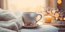 Coffee Cup Over Christmas Lights  Winter Morning Images Cozy Winter Vibes: Cup Decor And Bokeh Ai Generative
