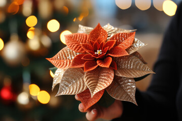 Wall Mural - Red Christmas poinsettia flowers star  in hand