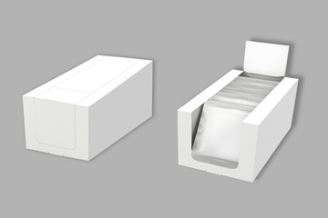 Wall Mural - White Box POS POI Holder Cardboard Blank Empty Displays Products on Background Isolated. Product mockup packaging. Open and closed shelf box mock up with packets inside for retail.3d rendering