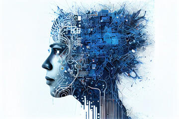 Realistic Artificial intelligence. Computer mind connections head. Human 3D head with circuit board inside. Engineering concept. Technology web background. Virtual concept