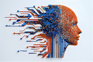 Realistic Artificial intelligence. Computer mind connections head. Human 3D head with circuit board inside. Engineering concept. Technology web background. Virtual concept