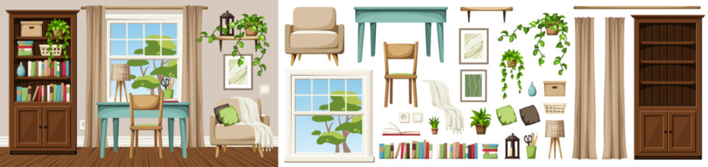 Wall Mural - Room interior with a bookcase, a desk, an armchair, and a big window. Cozy home office interior design. Furniture set. Interior constructor. Cartoon vector illustration