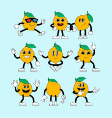 Wall Mural - Set of retro cartoon stickers with funny comic Lemon characters, gloved hands. Contemporary illustration with cute comic characters. Comic lemon characters with arms and legs. Cartoon style set.