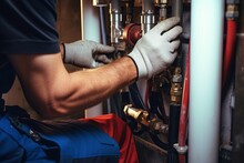 Plumber Conducts An Inspection And Repairs The Central Heating System