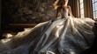 Model in a dramatic ball gown with a long train, surrounded by sketches and designs pinned to the walls.