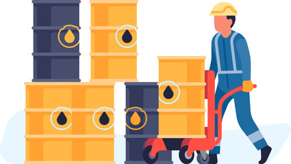 Oil petroleum industry. Man carry petrol barrels. Refinery plant worker in uniform. Metal containers stack. Oilman loading gasoline cask with trolley. Warehouse shipment. Vector concept