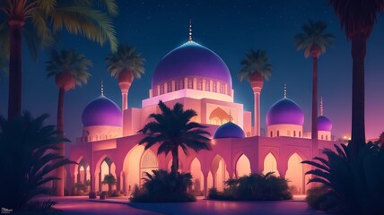 Poster - stunning colorful mosque at beautiful night, generative Ai art