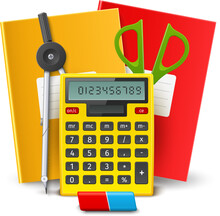 School Tools. Office Stationery. Realistic Calculator. Scissors And Eraser. 3D Mathematical Accessories. Math Compass. Students Copybook Or Notepad. Educational Object. Vector Concept