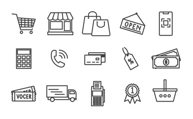Wall Mural - Simple set of shopping icons line design, store vector icon, Shop cart illustration sign collection. Shop pacage symbol. Shoping logo, Set line Earring, Shopping E-Commerce Icons, 