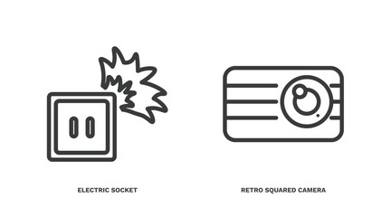 Poster - set of technology thin line icons. technology outline icons included electric socket on fire, retro squared camera vector.