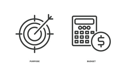 Sticker - set of startup and strategy thin line icons. startup and strategy outline icons included purpose, budget vector.