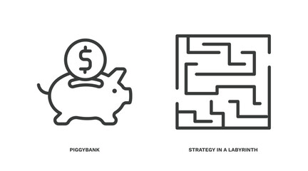 Sticker - set of startup and strategy thin line icons. startup and strategy outline icons included piggybank, strategy in a labyrinth vector.