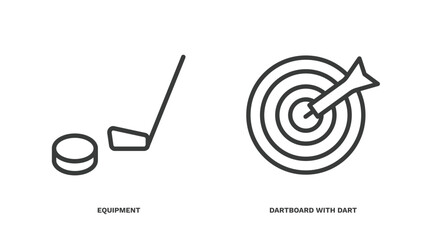 Poster - set of sport and games thin line icons. sport and games outline icons included equipment, dartboard with dart vector.