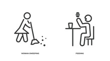 Set Of Humans And Behavior Thin Line Icons. Humans And Behavior Outline Icons Included Woman Sweeping, Feeding Vector.