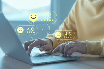 Poster - Male customer using a computer laptop in give rating to service experience assessment on application to the shops. Online customer review satisfaction feedback survey and testimonial.