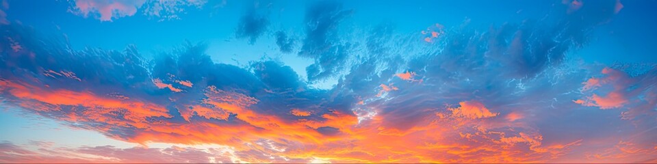 Wall Mural - Beautiful Dramatic Dusk: Panoramic Evening Sky with Vibrant Blue, White and Orange Clouds as a Stunning Background