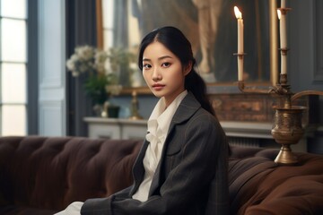 a photo of a gorgeous young asian woman sitting on a couch in a luxurious posh living room, parisian style interior with tall windows, white paneled walls, fireplace, golden sophisticated decoration