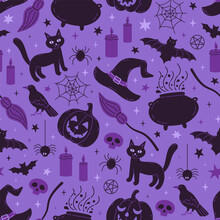 Halloween Seamless Pattern Design With Hat Witch, Pumpkin, Bat, Spider, Cat And Raven. Magic Holiday Print.
