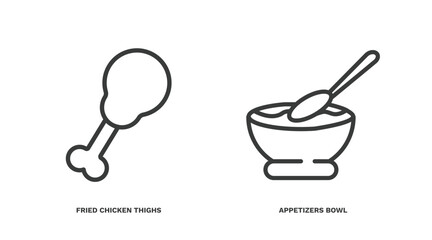 Wall Mural - set of restaurant thin line icons. restaurant outline icons included fried chicken thighs, appetizers bowl vector.