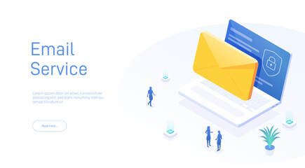 Poster - Email service concept. Electronic mail message as part of business marketing. Webmail or mobile service layout for website landing header. Newsletter sending background. Isometric vector. 