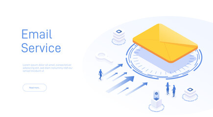 Poster - Email service concept. Electronic mail messageas part of business marketing. Webmail or mobile service layout for website landing header. Newsletter sending background. Isometric vector illustration