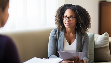 Wall Mural - Young african american businesswoman sitting on sofa at office and talking with colleague