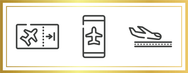 Poster - in the airport outline icons set. linear icons sheet included boarding ticket, smartphone airplane mode, plane landing vector.