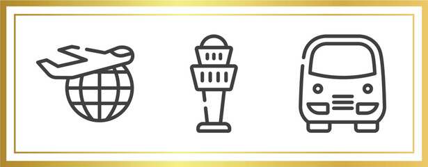 Poster - in the airport outline icons set. linear icons sheet included international departures, airport control tower, bus service vector.
