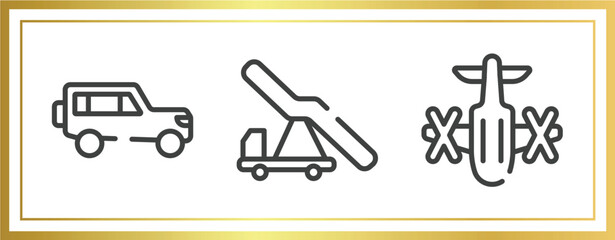 Poster - airplanes outline icons set. linear icons sheet included 4x4, aircraft stairs, army helicopter bottom view vector.