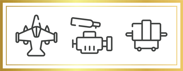 Poster - railway outline icons set. linear icons sheet included military airplane bottom view, car engine, x-ray vector.