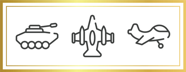 Poster - vehicles and transports outline icons set. linear icons sheet included armored vehicle, army airplane bottom view, small plane vector.