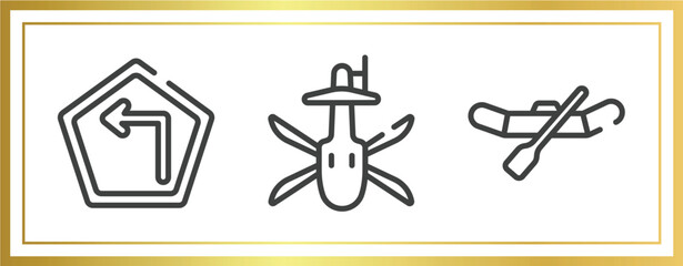 Poster - transport outline icons set. linear icons sheet included left turn, military helicopter bottom view, watercraft vector.