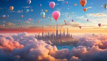 Balloons Fly In The Clouds Over The City With Skyscrapers, Many Inflatable Balloons Fly Into The Sky For A City Day Celebration. Created With AI