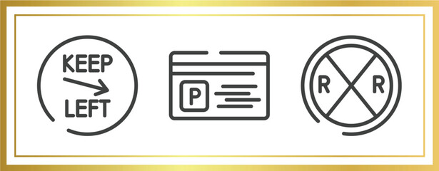 Poster - us road signs outline icons set. linear icons sheet included keep left, parking card, railroad crossing vector.