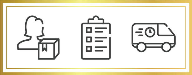 Poster - logistics outline icons set. linear icons sheet included delivery woman, packing list, food logistics vector.
