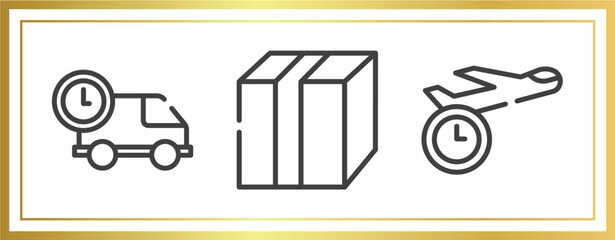 Poster - shipping and handly outline icons set. linear icons sheet included logistics times, closed cardboard box with packing tape, shipping by plane vector.