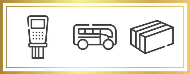 Poster - boxes outline icons set. linear icons sheet included payment terminal, buses, cardboard box with packing tape vector.