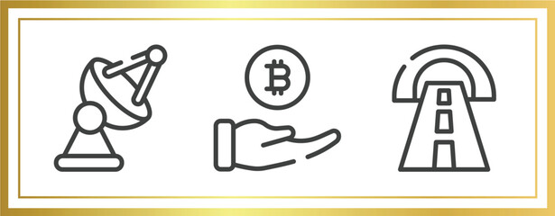 Poster - general outline icons set. linear icons sheet included satellite antenna, initial coin offering, road tunnel vector.