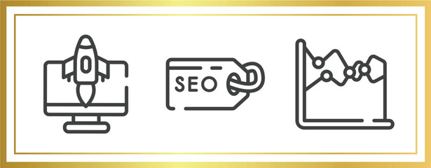 Poster - business and finance outline icons set. linear icons sheet included rocket launch monitor, seo tags, dual chart vector.