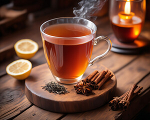 cup of tea on wooden table, created using AI generative technology