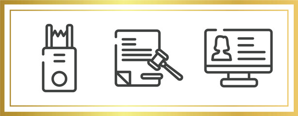 Poster - law and justice outline icons set. linear icons sheet included electroshock weapon, legal paper, criminal database vector.