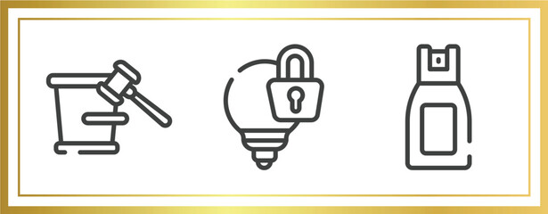 Poster - law and justice outline icons set. linear icons sheet included court trial, intellectual property, pepper spray vector.