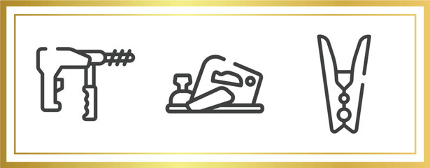 Poster - housekeeping outline icons set. linear icons sheet included big driller, planer, clothespin vector.