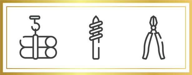 Poster - tools and hinery outline icons set. linear icons sheet included tubes hook, drill tip, big pliers ve