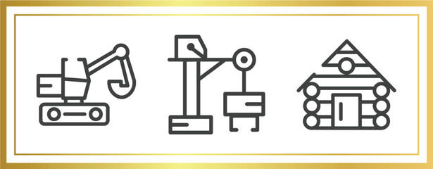 Poster - do it yourself outline icons set. linear icons sheet included digger, big derrick with boxes, cabin house vector.