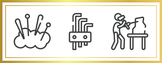 Poster - mining and crafting outline icons set. linear icons sheet included cushion, allen keys, sculptor vector.