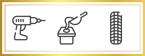 Poster - work tools outline icons set. linear icons sheet included hand drill, crucible, tiremarks vector.