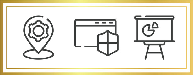 Poster - computer and media outline icons set. linear icons sheet included location tings, window with security badge, statistics presentation vector.