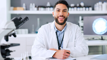 Aufkleber - Doctor, medical researcher or surgeon, planning, taking notes and filling in forms alone at work. Portrait of one happy, smiling and cheerful scientist working at a lab, science facility or clinic