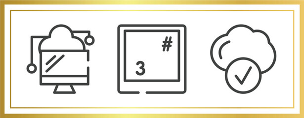 Sticker - cloud computing outline icons set. linear icons sheet included data transference by internet, number 3 key on keyboard, connected clouds vector.